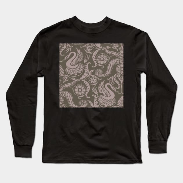 Tan on Sage Classy Medieval Damask Swans Long Sleeve T-Shirt by JamieWetzel